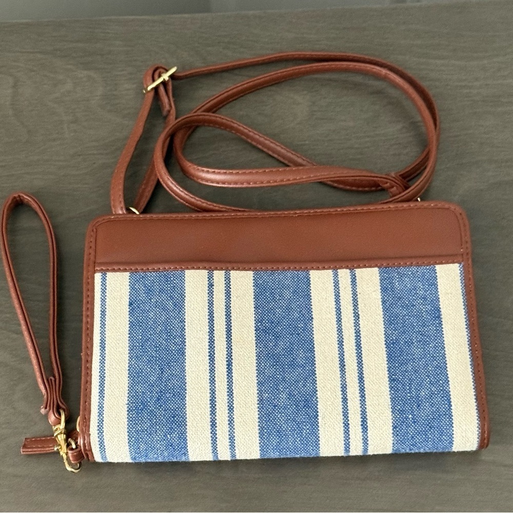 Striped Blue and White with Brown Crossbody Bag or Wallet